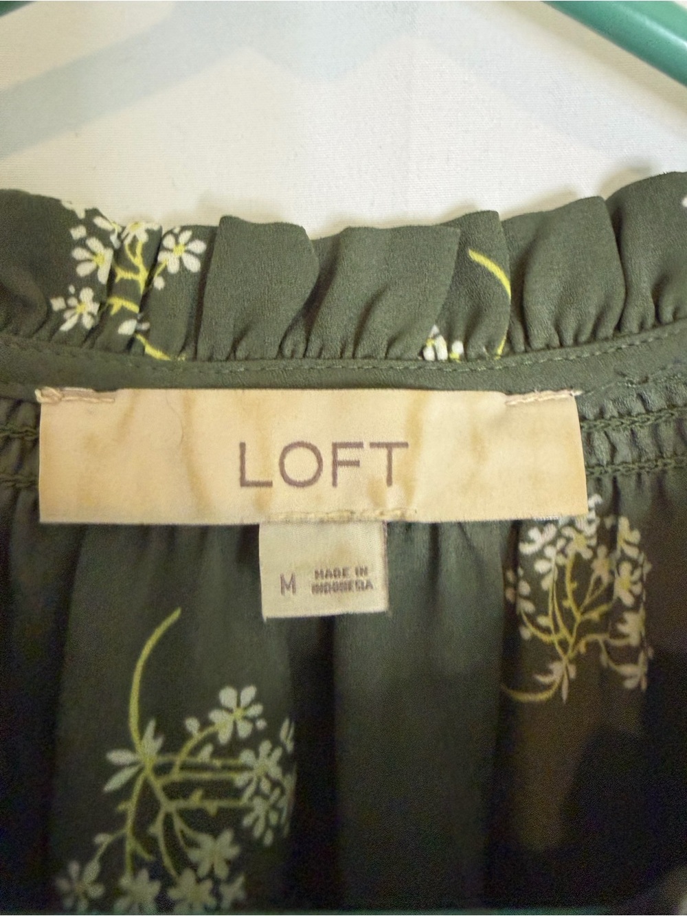 3/$20 LOFT Olive Green Floral Ruffle Neck Long Sleeve Blouse - Picture 3 of 5